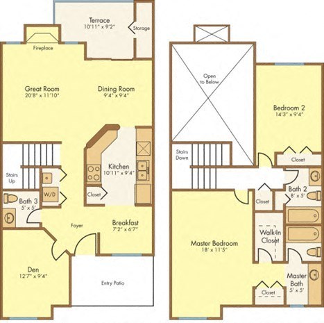 Floor plan for 2 beds, 2.5 baths, 1332 sqft